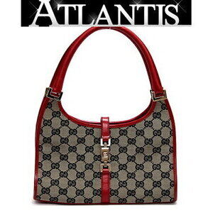 Gucci Jackie beige black GG monogram canvas red leather